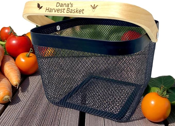 PersonalizedMetal Mesh Harvest Basket with Custom Engraved Handle Gift For Gardeners Vegitable Harvesting Basket Gardening Tools 9x7x7in
