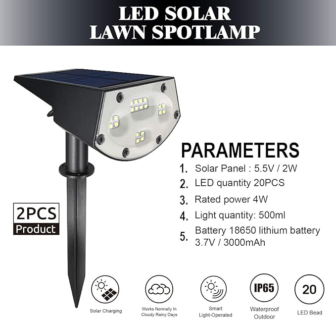WBM Smart 20 LEDs Solar Landscape Spotlights IP67 Waterproof 2-in-1 Wireless Outdoor Security Lights for Yard Garden Driveway Porch Walkway Pool Patio 4 Pack