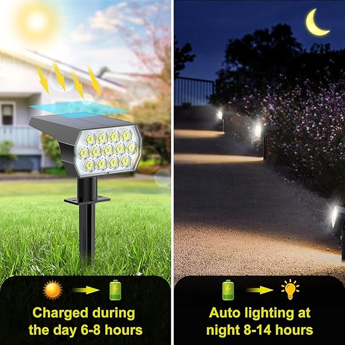 Solar Spot Lights Outdoor Waterproof IP65 [6 Pack/52 LED] 2-in-1 Solar Landscaping Spotlights 3 Lighting Modes Solar Powered Garden Flood Light for Patio Pathway Driveway Yard Pool (Cool White)