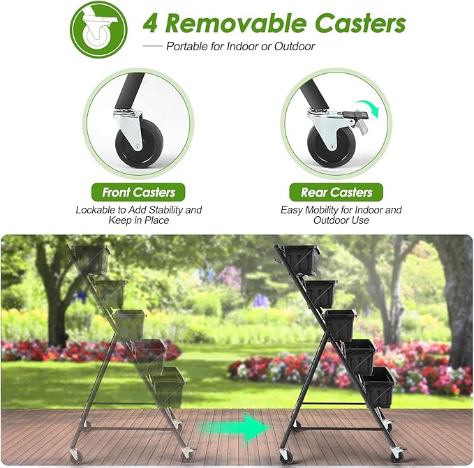 Suyncll Vertical Raised Garden Bed Planter Box 5 Tiers Vertical Garden Planter with Drainage System and 4 Hooks for Plants Vegetables Flowers (Black with Wheels)