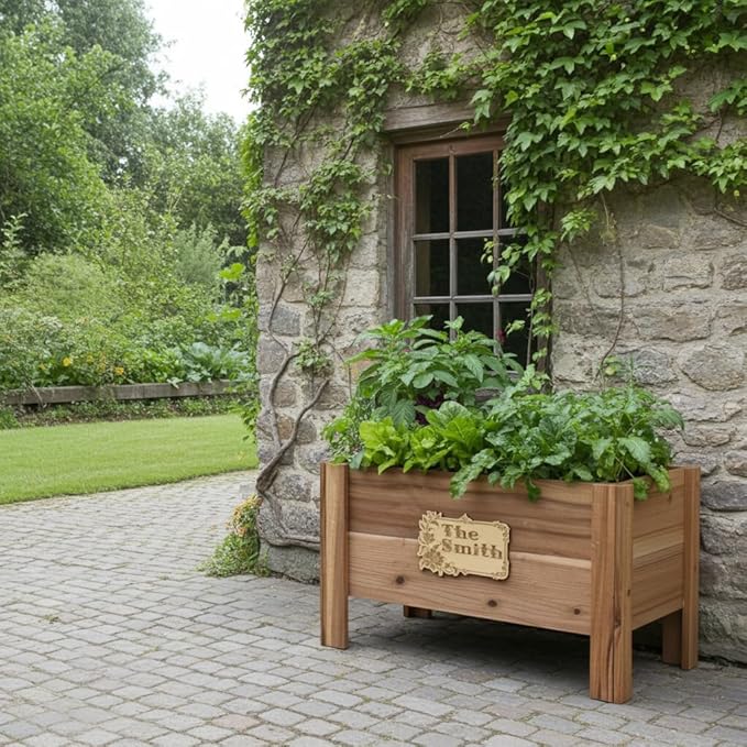 Personalized Cedar Raised Planter Box – Custom Plaque Plate Engraved Garden Bed for Vegetables &amp Flowers Handmade in USA