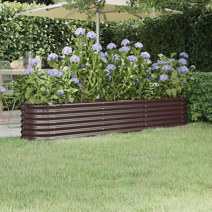 Large Brown Powder-Coated Steel Garden Raised Bed Durable Oval Planter Box for Vegetables Herbs Flowers Spacious Design Modern Aesthetics Versatile Outdoor Gardening
