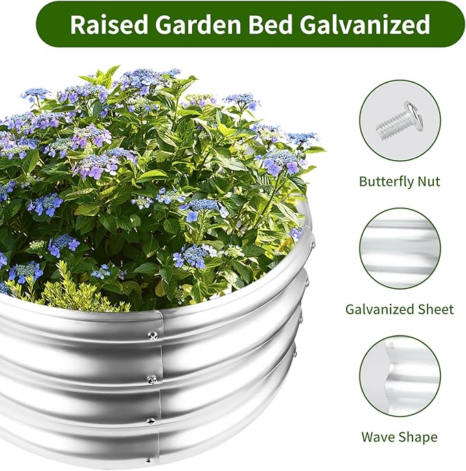 Galvanized Raised Garden Bed Round Metal Planter Box for Vegetables 2x2x1ft Outdoor Gardening Kit Flower Helb