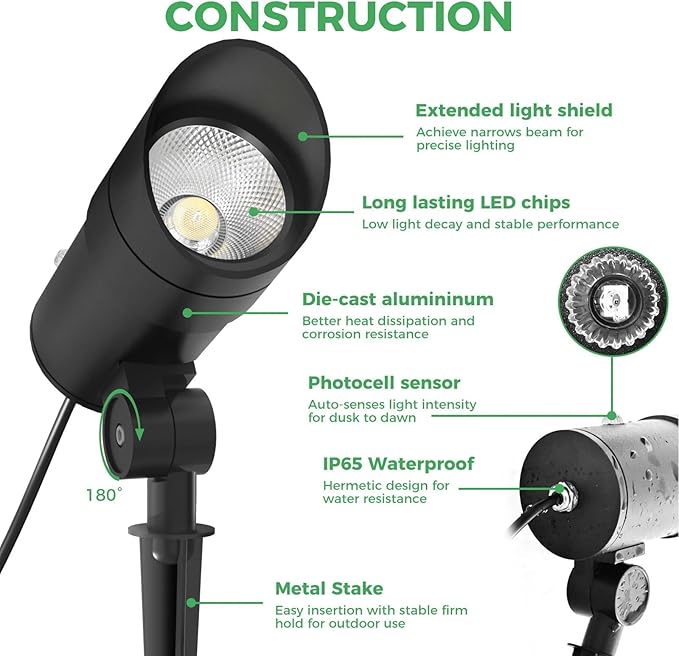 LOTMOS 30W LED Spot Lights Outdoor with Photocell Sensor Dusk to Dawn Spotlights with 9.68FT Cord 120V Plug in Ultra Bright Bullet Landscape Light for Flagpole Palm Tree Yard Lawn Statue (6000K)