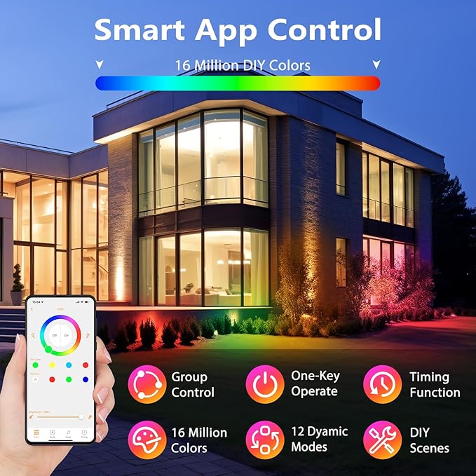 Spotlight Outdoor Control with Smart APP 2 Pack 15W RGBW Landscape Lighting Dimmable Color Changing IP67 Waterproof Spot Light Warm Flood Light for House Pathway Garden Yard Tree