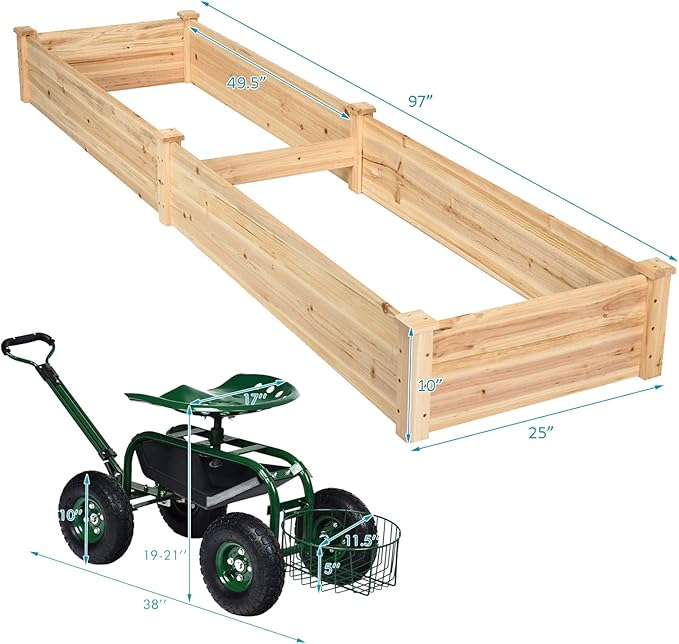 S AFSTAR Raised Garden Bed Above Ground Planter Box for Vegetable Herb Grow Wood Flower Bed with Rolling Garden Cart Set Convenient for Planting