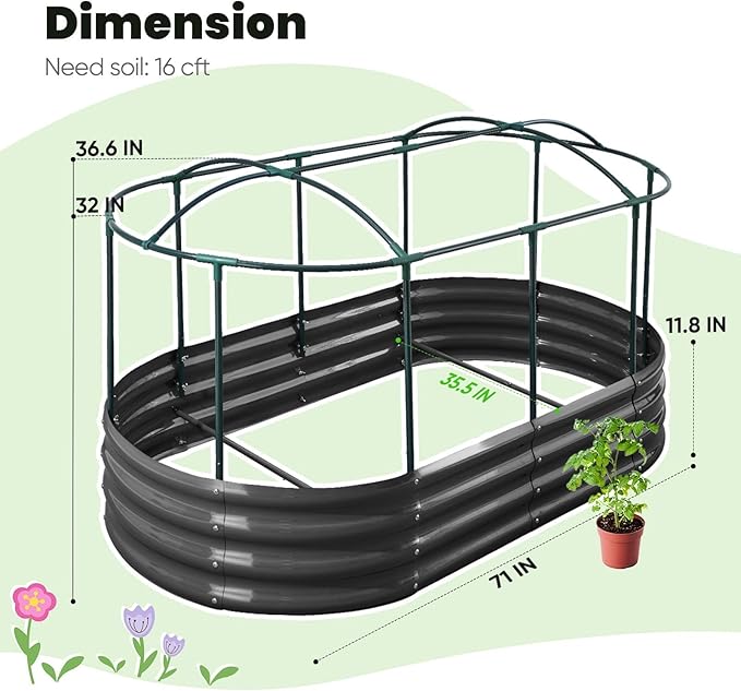 KING BIRD Raised Garden Bed with Cover Galvanized Oval Planter Garden Box Outdoor for Gardening Vegetables Flowers 71x36x12 in White
