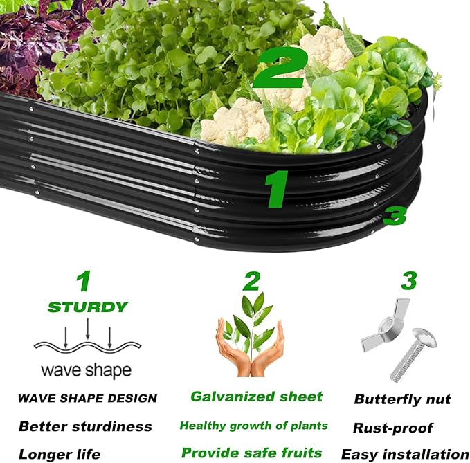 Raised Garden Bed GRS Certified Galvanized Planter Box Outdoor 8ft Oval Rot-Resistant Metal Garden Bed Planter Recycled Eco-Friendly Material Planter for Vegetables Flowers Herbs (Black)