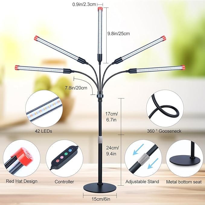 FECiDA 2026 5Head Table Top Grow Lights for Seed Starting Indoor Plants Bonsai 45 Watt Power Draw NO Need Adapter 4/8/12/16/20H Timer 16-24 Height Adjustable Big Coverage