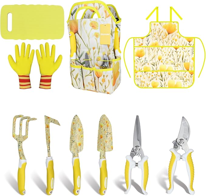Yellow Garden Tools Set for Women iHansee 10-Piece Gardening Tool Kit with Handbag Non-Slip Ergonomic Handles Gardening Gift for Women Mom Garden Lovers