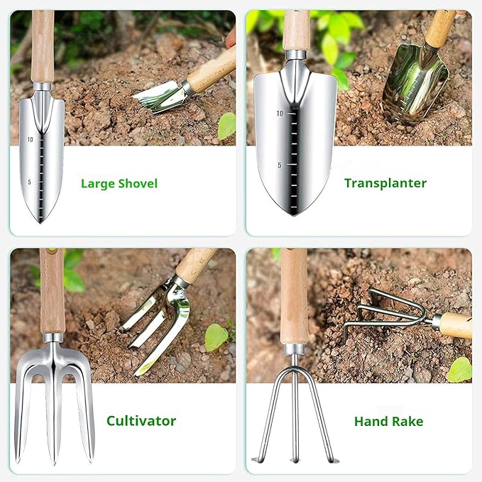 Gardening Tools Set 9-Piece Heavy Duty Hand Tools Weed Puller Tool Pruning Shears Bonsai Tools Hedge Clippers Garden Shovel Garden Scissors with Fashion Organizer Handbag Gift for Women mom