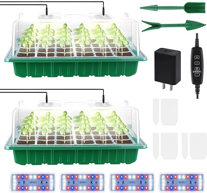 2 Packs Large Seed Starter Tray Adjustable Brightness and Timer with 48 Full Spectrum LEDs Seed Starter Kit with Drainage Holes Tools and Labels for Indoor Plant Growing and Outdoor Gardening