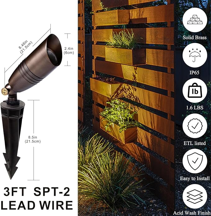 12V Brass Landscape Spotlight Low Voltage Outdoor Light IP65 Waterproof Durable Pathway Uplight for Yard &amp Garden6Pack（Bulb NOT Included）
