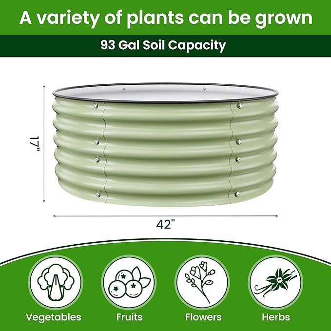 Round Raised Garden Bed Kit 3.5x3.5x1.4Ft Outdoor Zinc-Aluminum-Magnesium Metal Flower Beds Stainless Steel Patio Ground Planter for Planting Vegetables (Light Green)