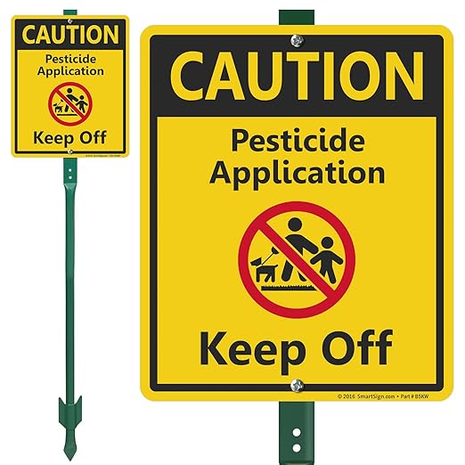 SmartSign 12 x 10 inch “Caution - Pesticide Application Keep Off” LawnBoss Yard Sign with 3 foot Stake 40 mil Laminated Rustproof Aluminum Red Black and Yellow Set of 1 Made in USA