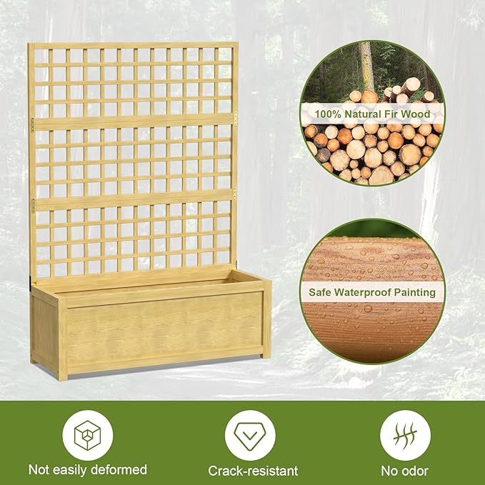 Raised Garden Bed with Trellis Freestanding Wood Planter Box w/Drainage Holes for Vine Climbing Plants Flowers Elevated Garden Box Outdoor Planter with Trellis for Patio Balcony