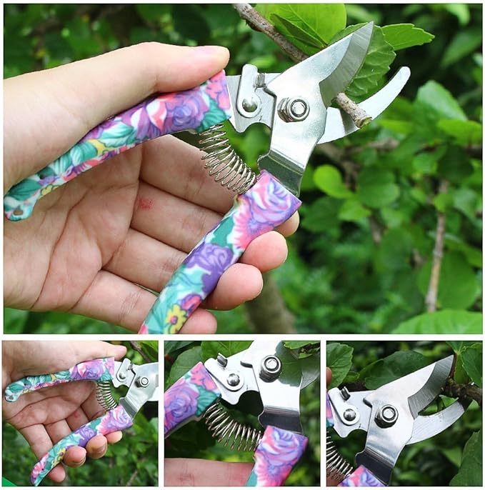 Garden Tools Set 11 Pieces Gardening Gifts with Purple Floral Print Ergonomic Handle Trowel Rake Shovels Pruner Shears Sprayer Gloves Garden Hand Tools with Carrying Case