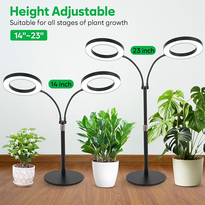 Dual-Head Grow Lights for Indoor Plants LED Full Spectrum Plant Lamp with Timer 3/9/12H 10 Dimmable Levels Flexible Gooseneck Height Adjustable 14-23 for House Plants &amp Seedlings