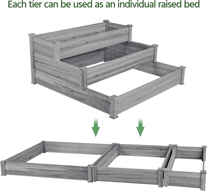 Yaheetech 3 Tier 47 x 47 x 22in Raised Garden Bed Horticulture Outdoor Elevated Flower Box Tiered Garden Bed Wooden Vegetables Growing Planter for Backyard/Patio/Gardener Gray