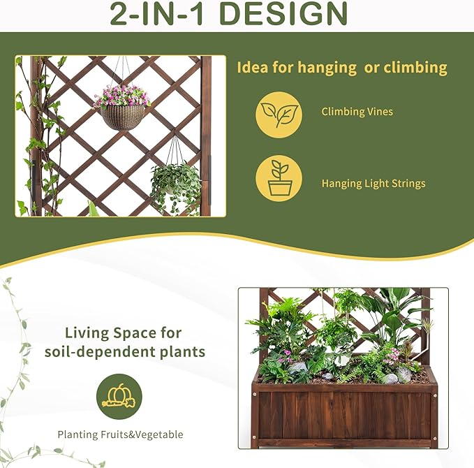 67 Planter Box TrellisLarge Outdoor Wood Raised Garden Bed with Drain Plug for Climbing PlantsElevated Planter Box with LegsOutdoor Standing Flower Beds for Patio Vegetable Herb