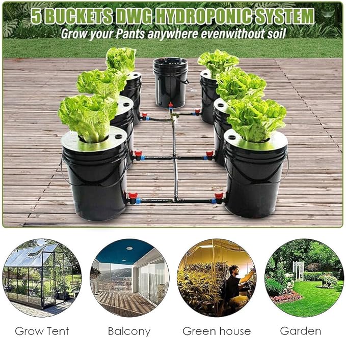 7 Bucket Hydroponic Growing System Kit - 5 Gallon with Pump Air Stone and Water Leveler for Indoor/Outdoor Leafy Vegetables - Complete Hydroponic Setup