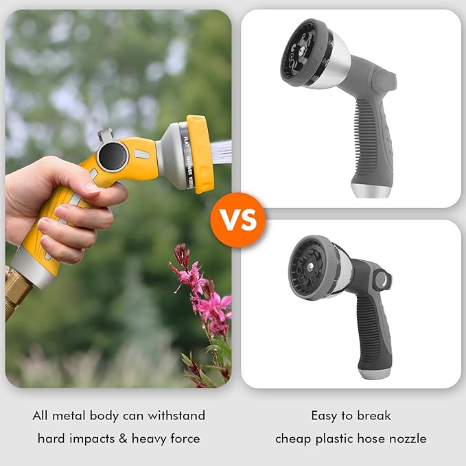 RESTMO Hose Nozzle Heavy Duty Metal Water Hose Sprayer for Garden 9 Spray Patterns | High Pressure | Thumb Flow Control | On/Off Valve Ideal for Lawn &amp Plant Watering Car &amp Pet Washing Ye
