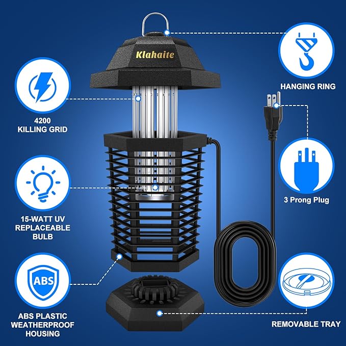 Klahaite Bug Zapper Outdoor Electric Mosquito Zapper Fly Zapper Indoor Fly Traps Mosquito Repellent Outdoor Patio and Backyard Covers 1/2 Acre 3 Prong Plug 4200V ABS Fireproof Plastic Outer