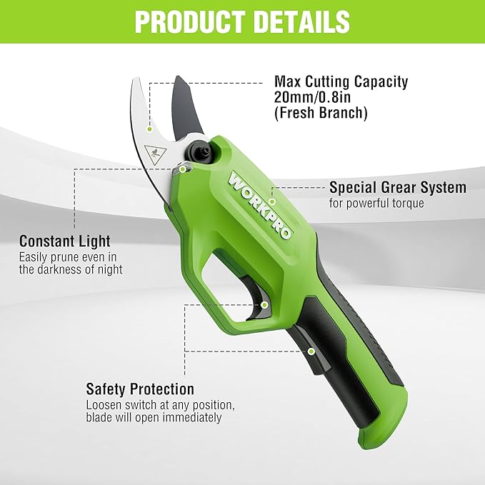 WORKPRO 7.2V Electric Pruning Shears Battery Powered Pruning Shears Cordless Tree Pruner 0.8 Inch Cutting Diameter Branch Cutter Gardening Scissors with Rechargeable Battery