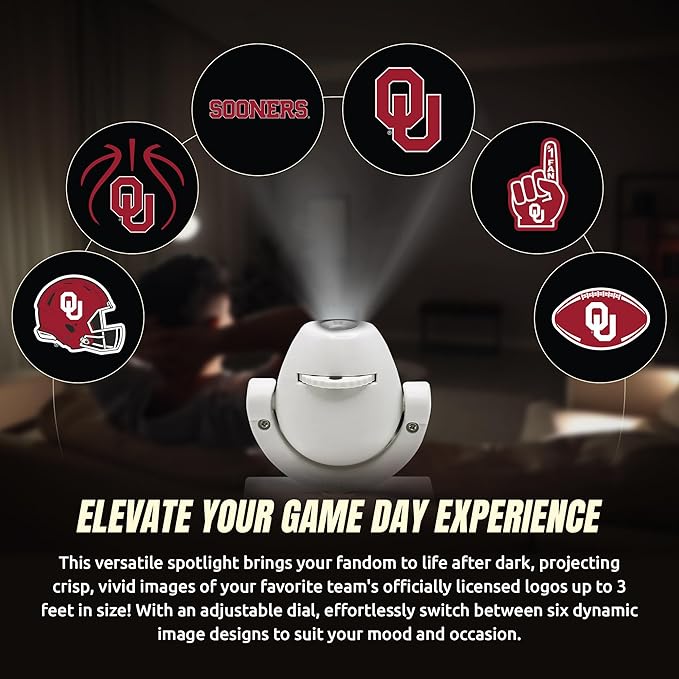 Sporticulture NCAA American Football Oklahoma Sooners - Adjustable Led Mini Spotlight Projector with 6 Team Logo Designs - Portable &amp Rechargeable Spotlight - Battery-Operated - 4.375” x 3.125”