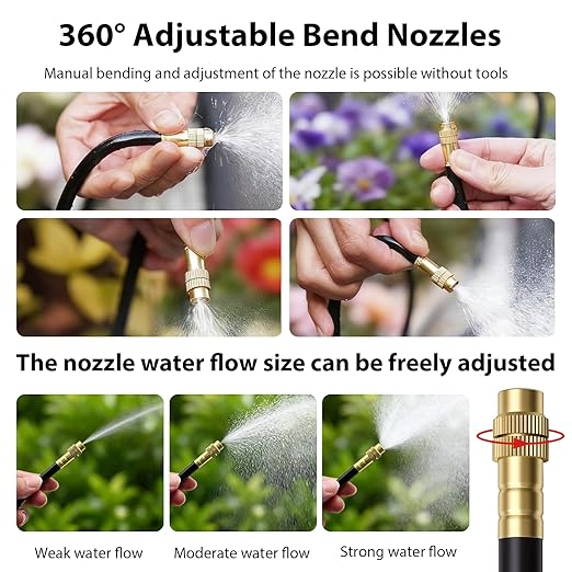 50FT 5/16 inch 360° Adjustable Drip Irrigation Kits Automatic Garden Watering Misting Atomizing System with 16pcs Bendable Nozzles for Yard Lawn Plant Greenhouse Garden(5/16 inch Hose)