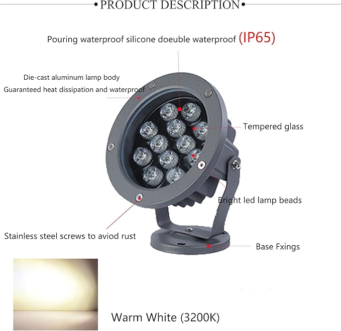 Kiven LED Outdoor Landscape with Automatic Timer 12W Spotlight Fixture Waterproof 110V with Plug Cast-Aluminum IP65 Warm White Ground Lights Garden Decoration Wall Light for Patio Pathway Lawn Yard
