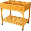 Raised Garden Bed on Wheels 36 × 24.2 × 34.6 Elevated Wooden Planter with 8 Pockets Lockable Wheels Storage Shelf &amp Drainage Liner for Herbs Vegetables &amp Flowers
