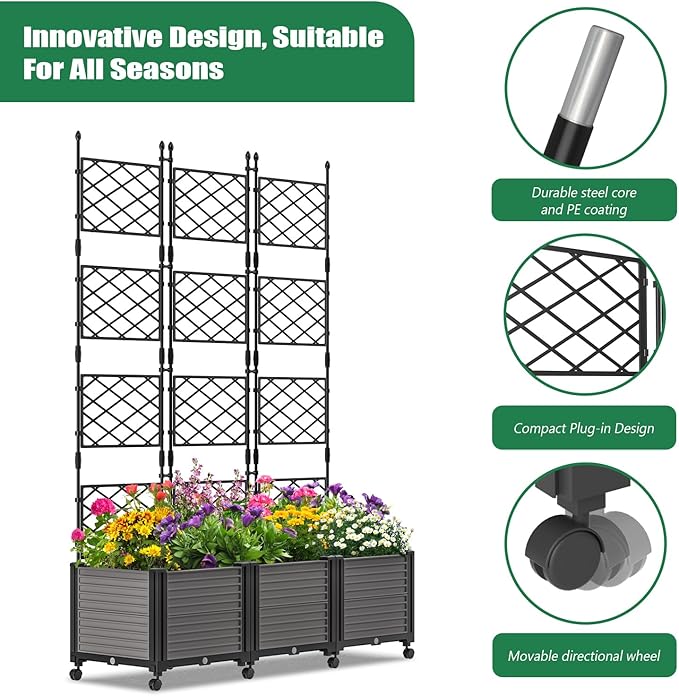 SUNYRISY Planter Box Privacy Screen with Wheels and Trellis Tomato Planter Boxes Vertical Garden Box for Climbing Vegetables and Flowers Raised Garden Bed for Indoor/Outdoor