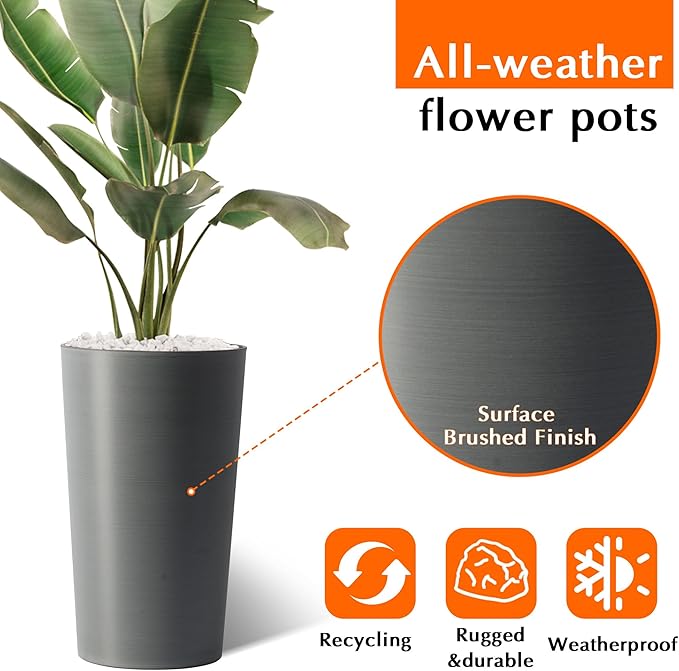 2 Pack Tall 21.7 in for Outdoor Plants Tall Square Planter Box Indoor Outdoor Porch Patio Flower Pot Big Tapered Matte Tree Flower Pot for Garden (Grey)