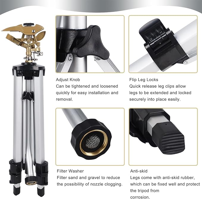 Biswing Large Impact Sprinkler Head on Tripod Base Adjustable Zinc Alloy Lawn Sprinklers for Yard Lawn Garden 3/4 NH Connector 360 Degree Large Area Coverage Irrigator with Extension Legs 2 Pack