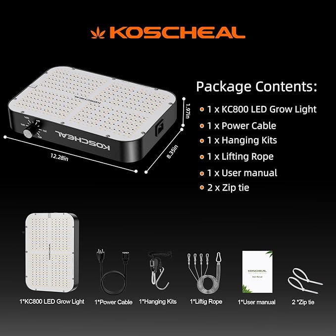 KOSCHEAL KC800 LED Grow Light80W Full Spectrum Led Grow Lights for Indoor Plants2.9μmol/J PAR Plant LightVeg Bloom LightDaisy Chain Dimmable Grow LampBuilt-in Silent Fan