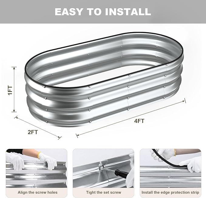 2 Pack 4x2x1FT Galvanized Raised Garden BedsRaised Garden Bed with Safety Edging and GlovesOval Metal Planter Box for Gardening Vegetables Flowers Herb-Silver