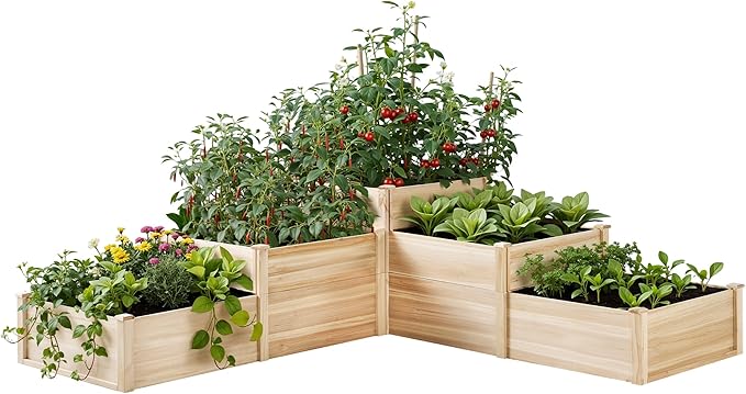 AMERLIFE 3-Tier Raised Garden Bed 28 Inch Depth Fir Wood Planter Box for Outdoor Gardening with Dividers Tool-Free Assembly Garden Box Ideal for Vegetables Herbs Flowers