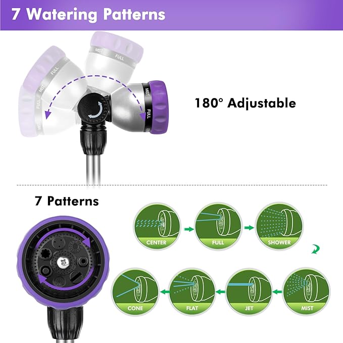 RESTMO Metal Watering Wand Heavy Duty Garden Hose Wand with 180° Swivel Ratcheting Head 16'' Hose Nozzle Sprayer with 7 Spray Patterns and Flow Control for Water Hanging Baskets and Shrubs Purple