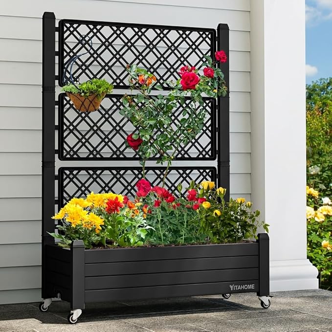 YITAHOME 3.6x1.5x5 FT Planter Box Trellis with Wheels Large Outdoor Plastic Raised Garden Bed with Drain Plug for Climbing Plants Black