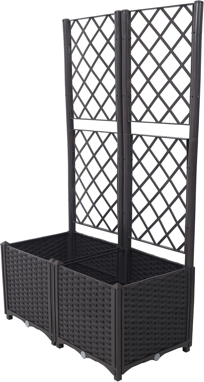2PCS Poly Rattan Brown Trellis Raised Bed31.5 x 15.7 x 53.5 Outdoor Raised Garden Bed with Drainage HolesFree-Standing Trellis Planter Box for Vine Climbing Plants Flowers in GardenPatioBalcony