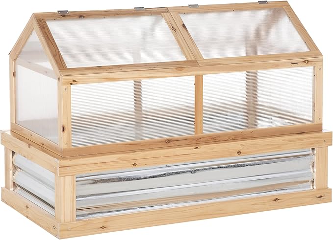 Raised Garden Bed with Polycarbonate GreenhouseWooden Garden Cold Frame GreenhouseFlower Planter Protection48x24x32Natural