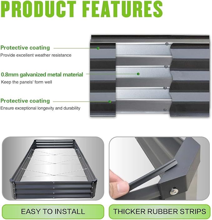 GrowHaus 8x4x1FT Galvanized Raised Garden Bed Planter Boxes Outdoor Large Metal Garden Beds for Planting Vegetables Flowers Herbs Rectangle Dark Gray