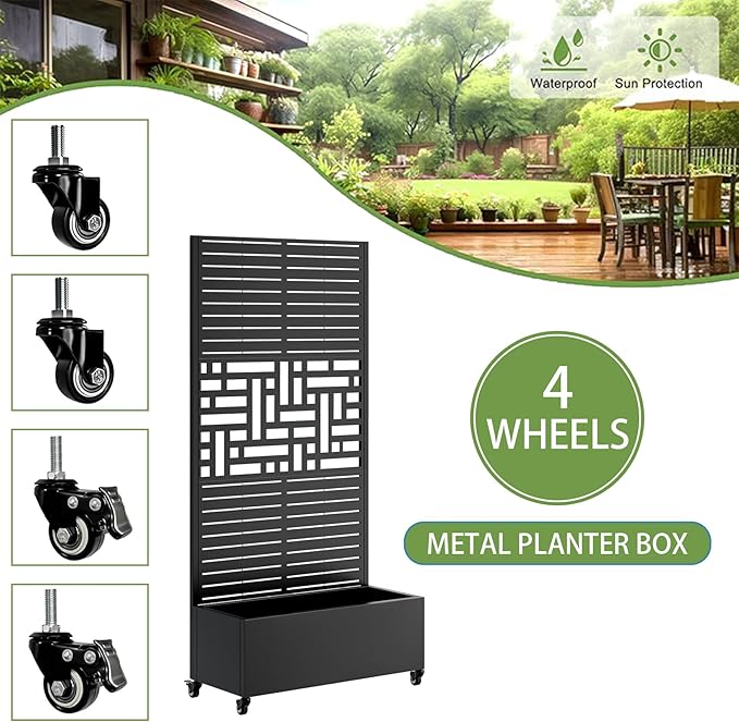 Sturdy 47x16x73 Inch Galvanized Steel Raised Garden Bed with Trellis Metal Planter Box on Wheels for Patio Privacy Screen 12 Inch Deep Root Mobile Vertical Garden Planter for Climbing Plants (M2)