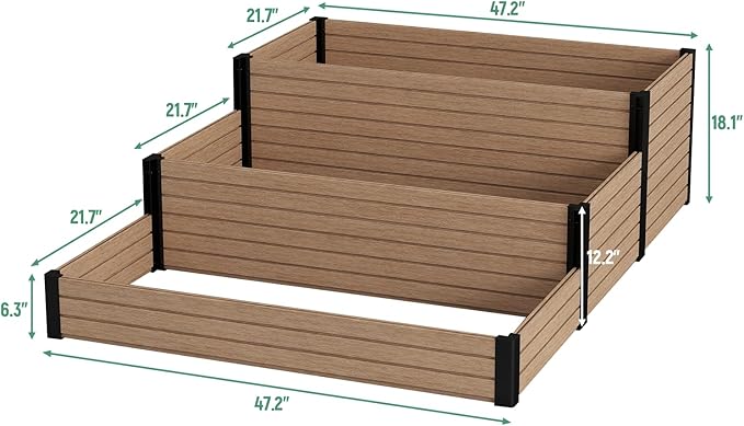 Elevated Wooden Raised Garden Planter - 3-Tier Outdoor Flower &amp Vegetable Box for Patio Backyard or Garden - Durable Weather-Resistant Design - 47.2 x 21.7 x 18.1 (Maple)
