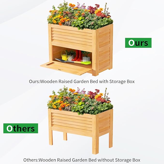 SUNYRISY Wooden Raised Garden Bed with Storage Box 34 L x 18 W x 30 H Elevated Large Planter Box for Planting Herb Vegetable Flower Outdoor Indoor Wood