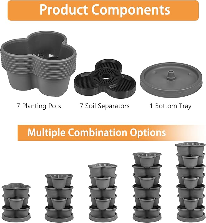 VECELO 7 Tier Vertical Garden Planter Self Watering Stackable Planters with Wheels for Strawberries Herbs Flowers Vegetables Dark Gray