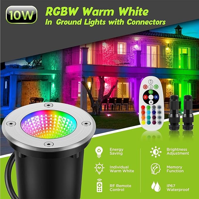 8PCS 10W RGBW Color Changing Underground Garden Lights - Waterproof IP67 LED Recessed Spotlights with Remote Control