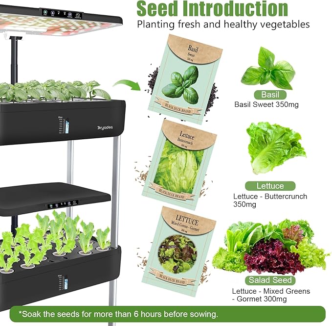 66-Pod Indoor Hydroponic Growing System + 3 Free Seeds Starter Kit (Lettuce Salad Mixed Basil Seeds) – Dual 53W Full-Spectrum LED 10-L Water Tank 3-Tier Grow Pods (66 Pods)