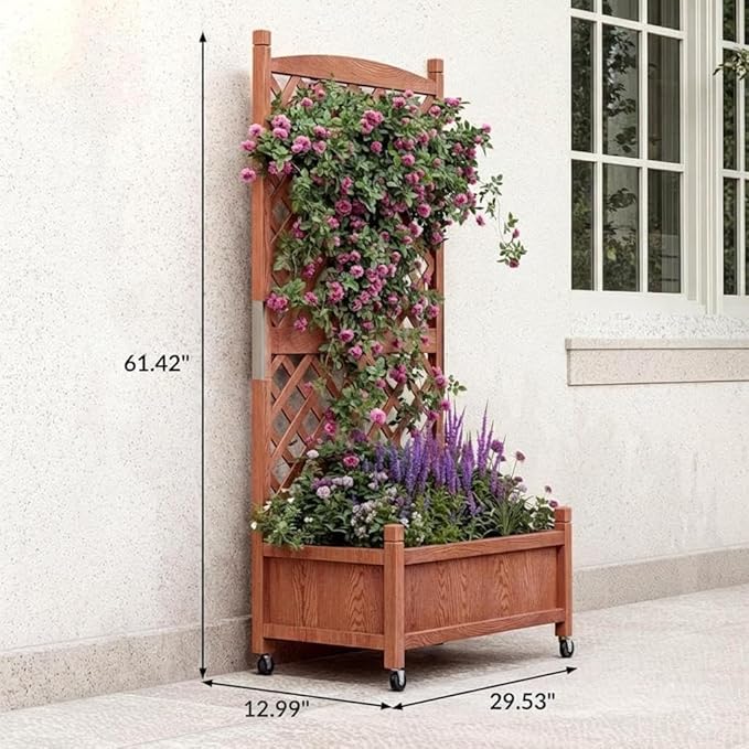 IDEALHOUS Large Raised Garden Bed with Trellis &amp Wheels 61 Wooden Mobile Planter Box with Drainage Hole Freestanding Vertical Planter for Outdoor Indoor Patio Lawn Herbs Flowers Vegetables 2 P